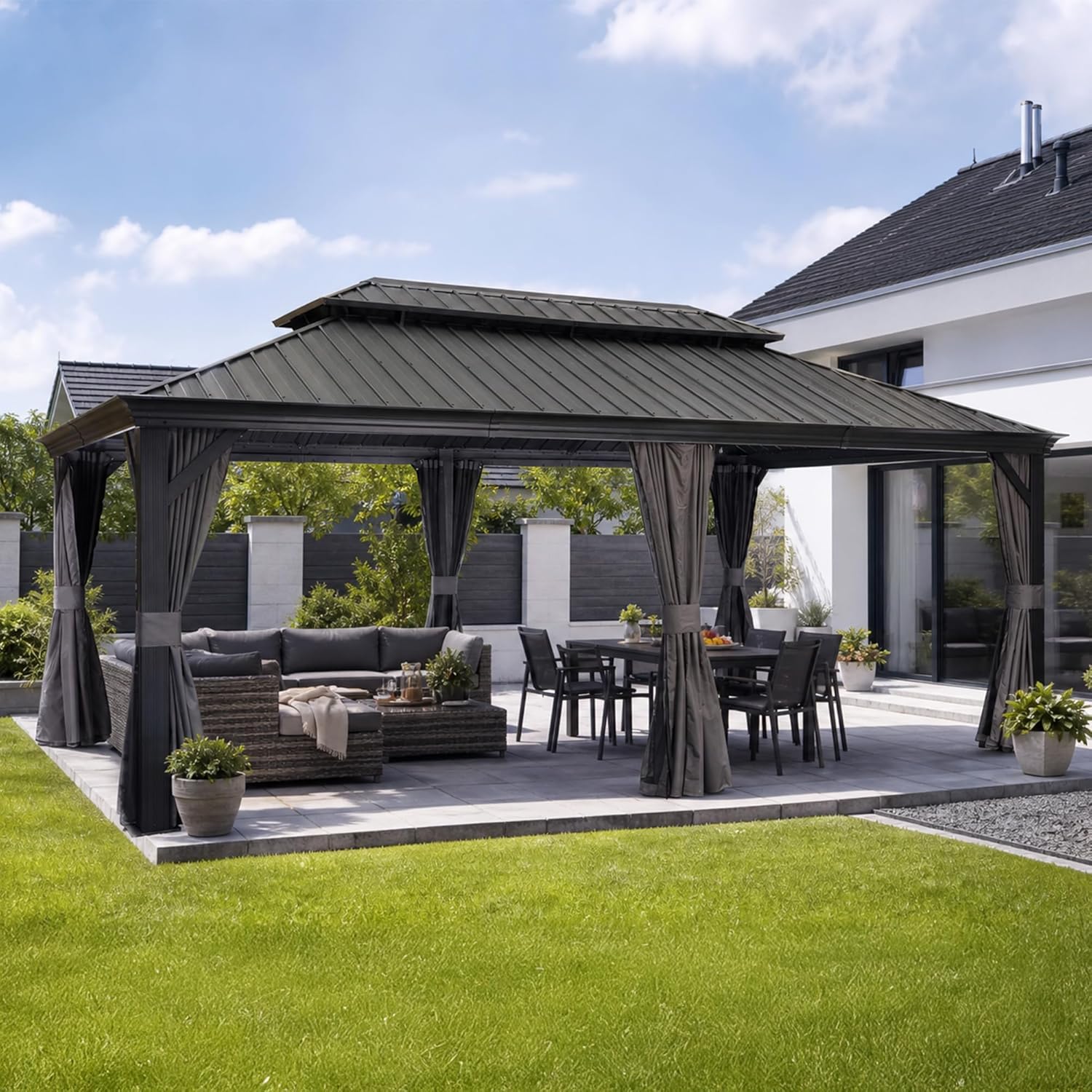 karaca-alisveris - Pergola double toit acier - 6x3,65m - moustiquaire, rideaux, gouttière, poteaux renforcés