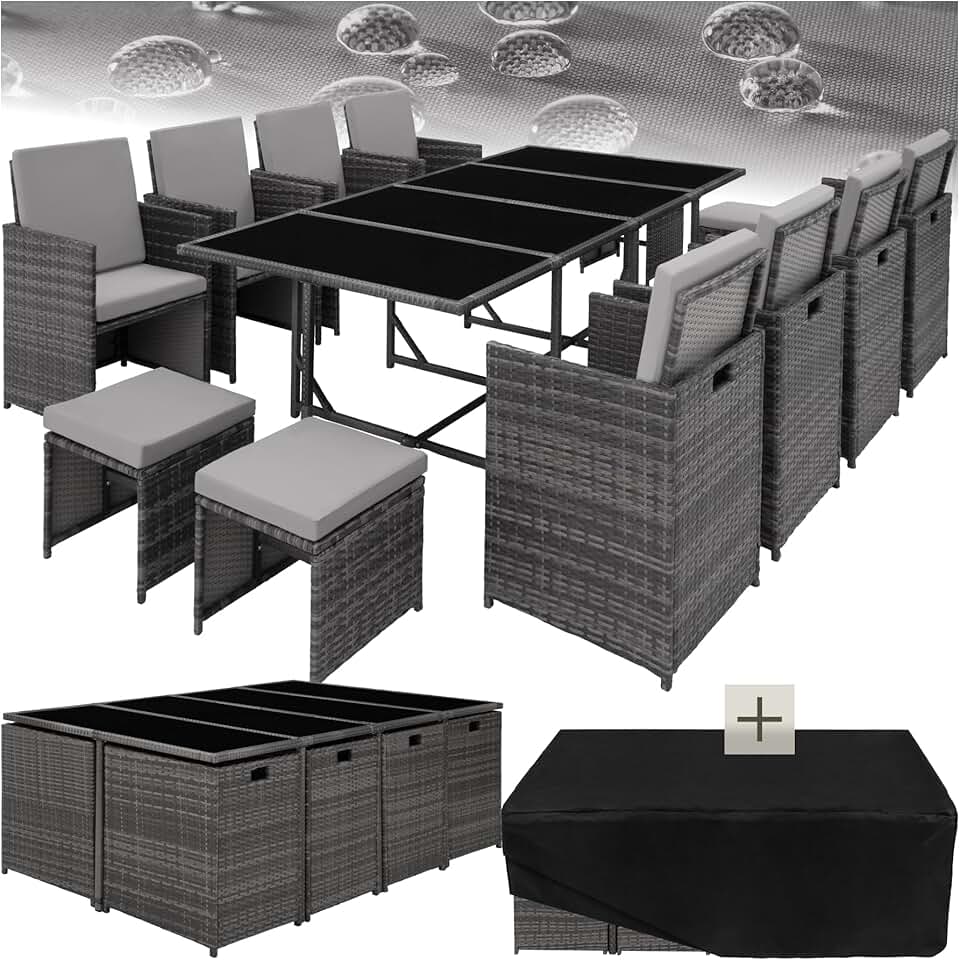 karaca-alisveris - Salon Résine Tressée, 8 chaises, 4 tabourets, table, gris