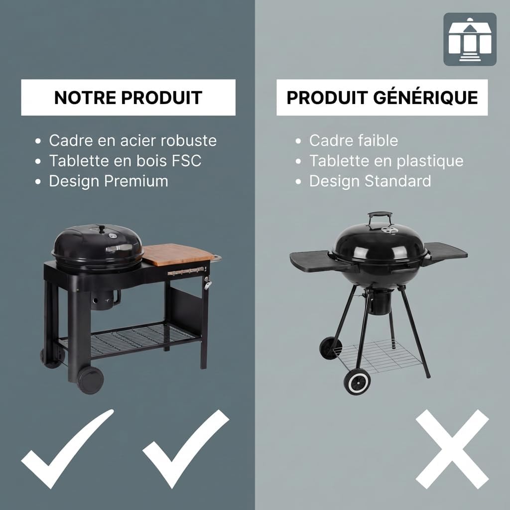 karaca-alisveris - Barbecue Calgary - acier/bois - couvercle thermomètre, tablettes, 2 roues, noir