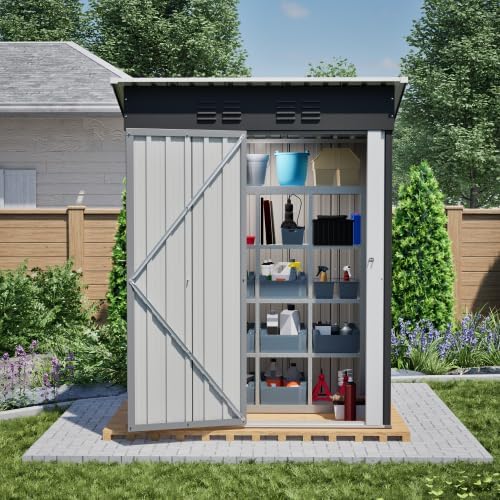Abri de jardin en métal 152 x 84 x 182 cm, peu encombrant, avec porte verrouillable, résistant aux intempéries et durable, parfait pour les outils de jardin, vélos et tondeuses à gazon, noir