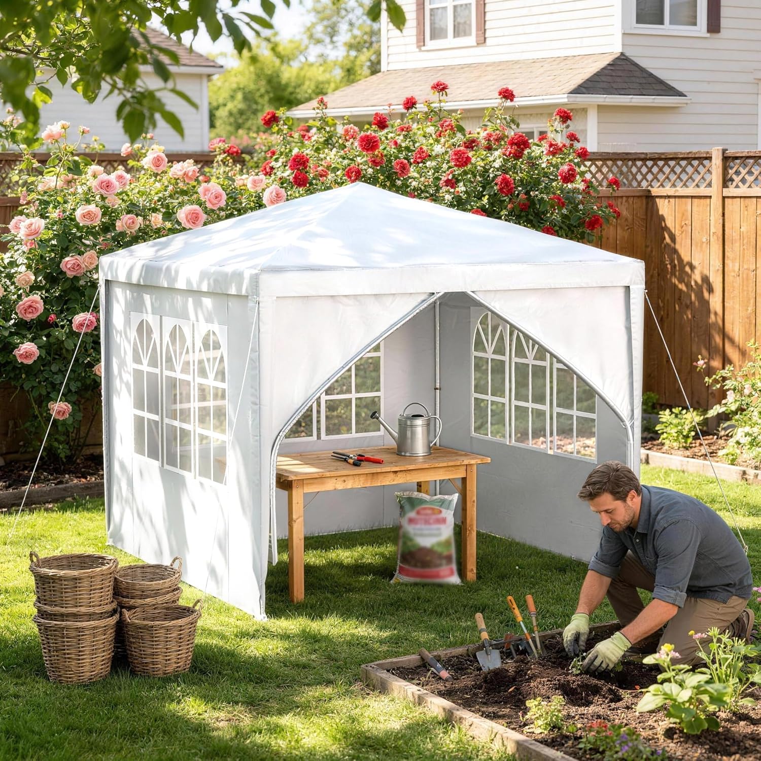 LZQ - Tonnelle de jardin 3x3m, montage emboîtement, imperméable, 4 parois, fenêtres, toit