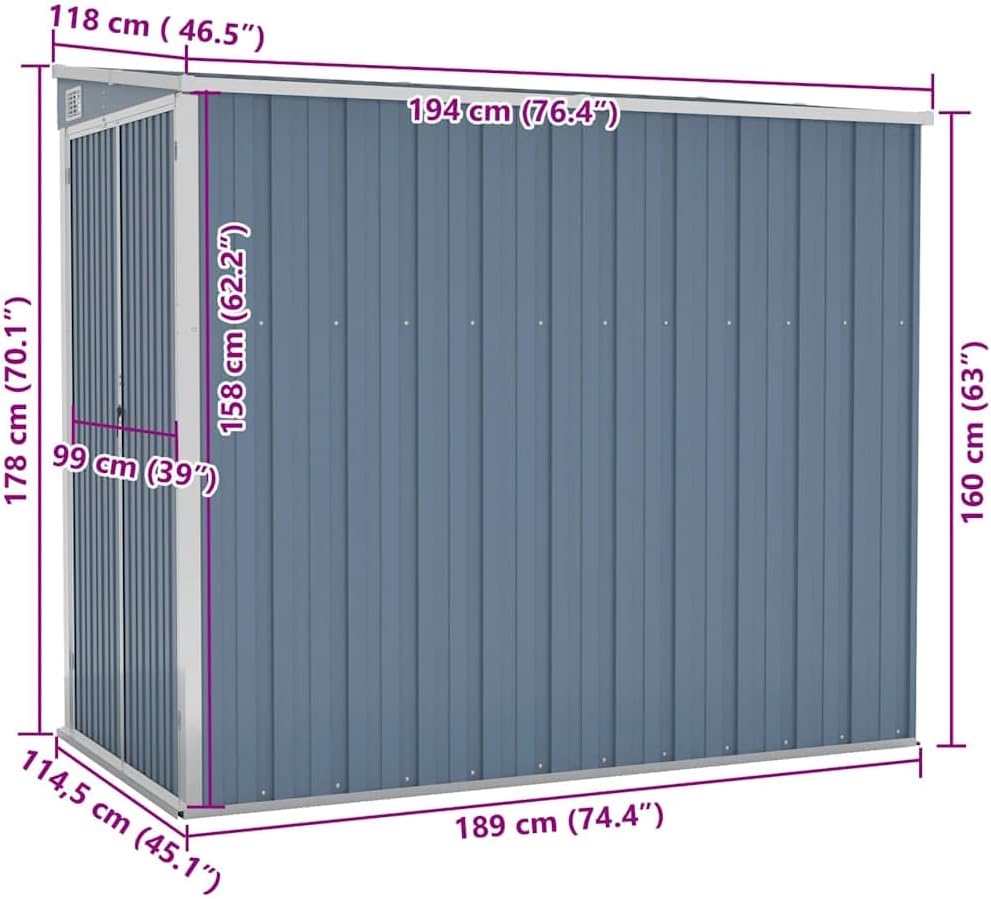 karaca-alisveris Abri de Jardin Mural Gris 118x194x178 cm Acier galvanisé,Maison & Jardin, Pelouses & Jardins, Vie en extérieur, Structures extérieures, Cabanes & abris de Jardin, Gris (Poids 31.54KG)