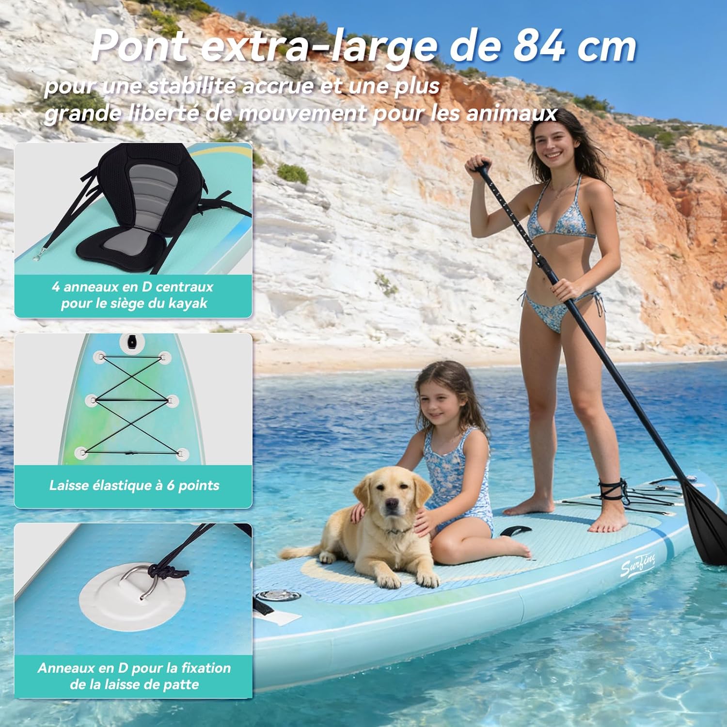 karaca-alisveris - paddle gonflable adulte - 320/335cm - 2 places, siège kayak, pagaie alu, support caméra, pompe, 150 kg