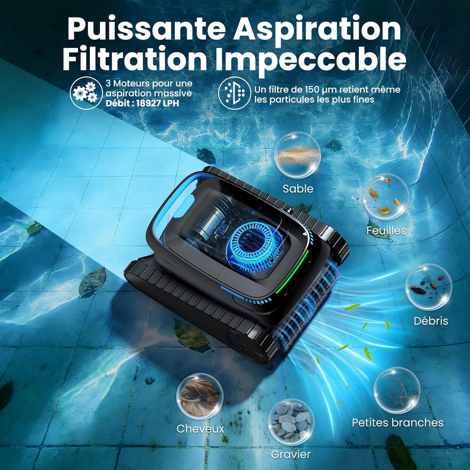 Robot piscine - version 2026 - 170㎡ - sans fil, batterie, 18927 L/H