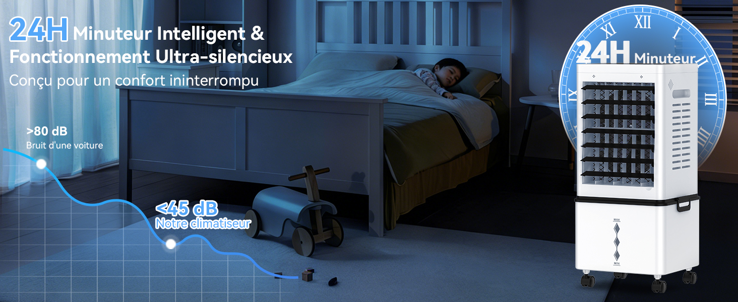 Le texte indique « 240° Surround Intelligent & Double Ultra-Silent », « 4H », le badge du produit est visible. Unité de refroidissement d'air portable blanche affichée à l'intérieur avec réglage de la chambre à coucher.