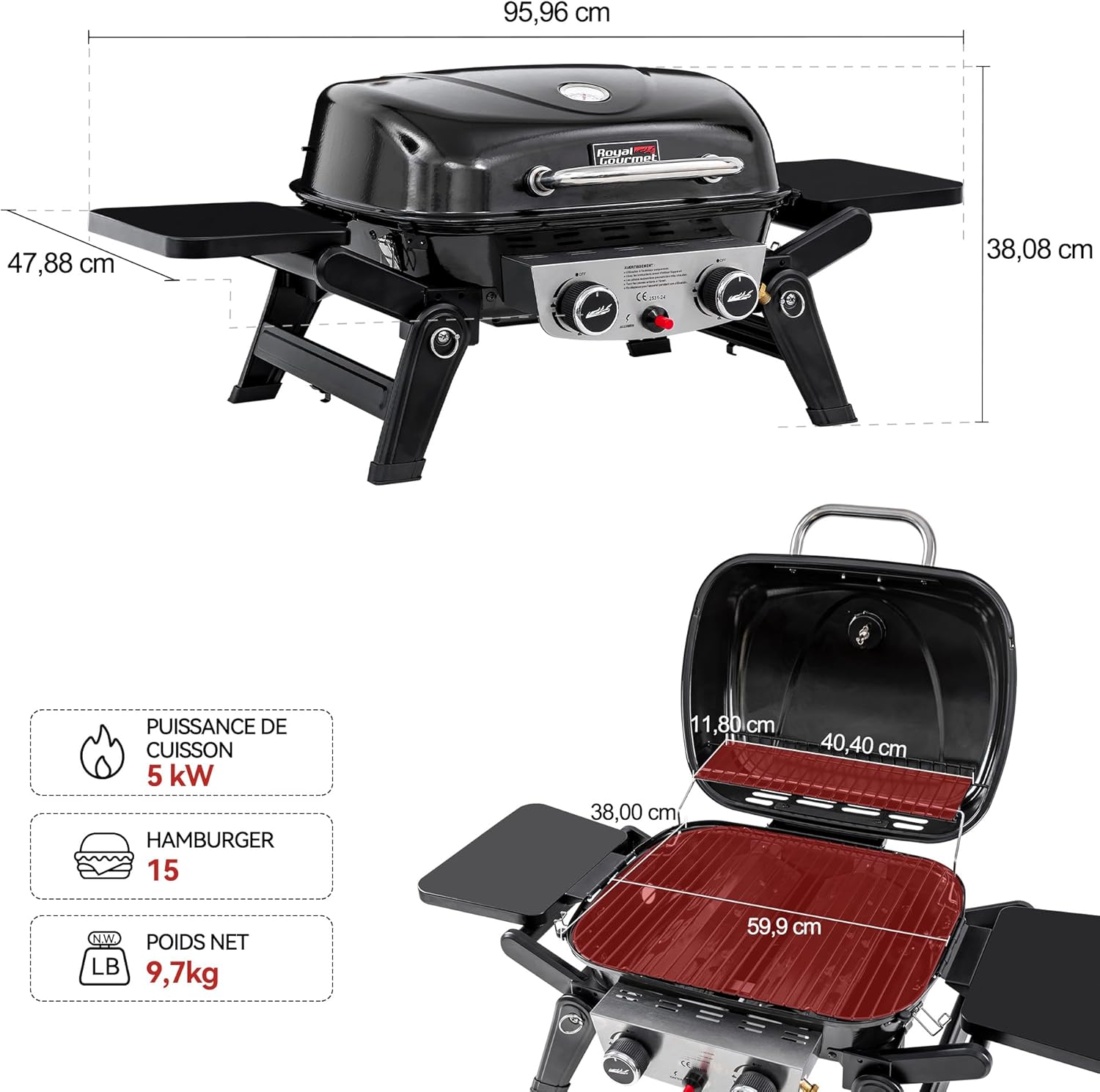 karaca-alisveris - Barbecue Gaz 2 brûleurs - 48x37 cm - tables pliables, 5kW