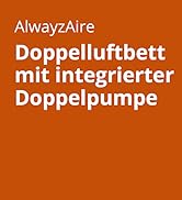 Le texte indique « AlwayZaire » et « Doppelluftbett mit integrierter Doppelpump » sur fond orange. Mise en page du matériel marketing avec texte blanc.