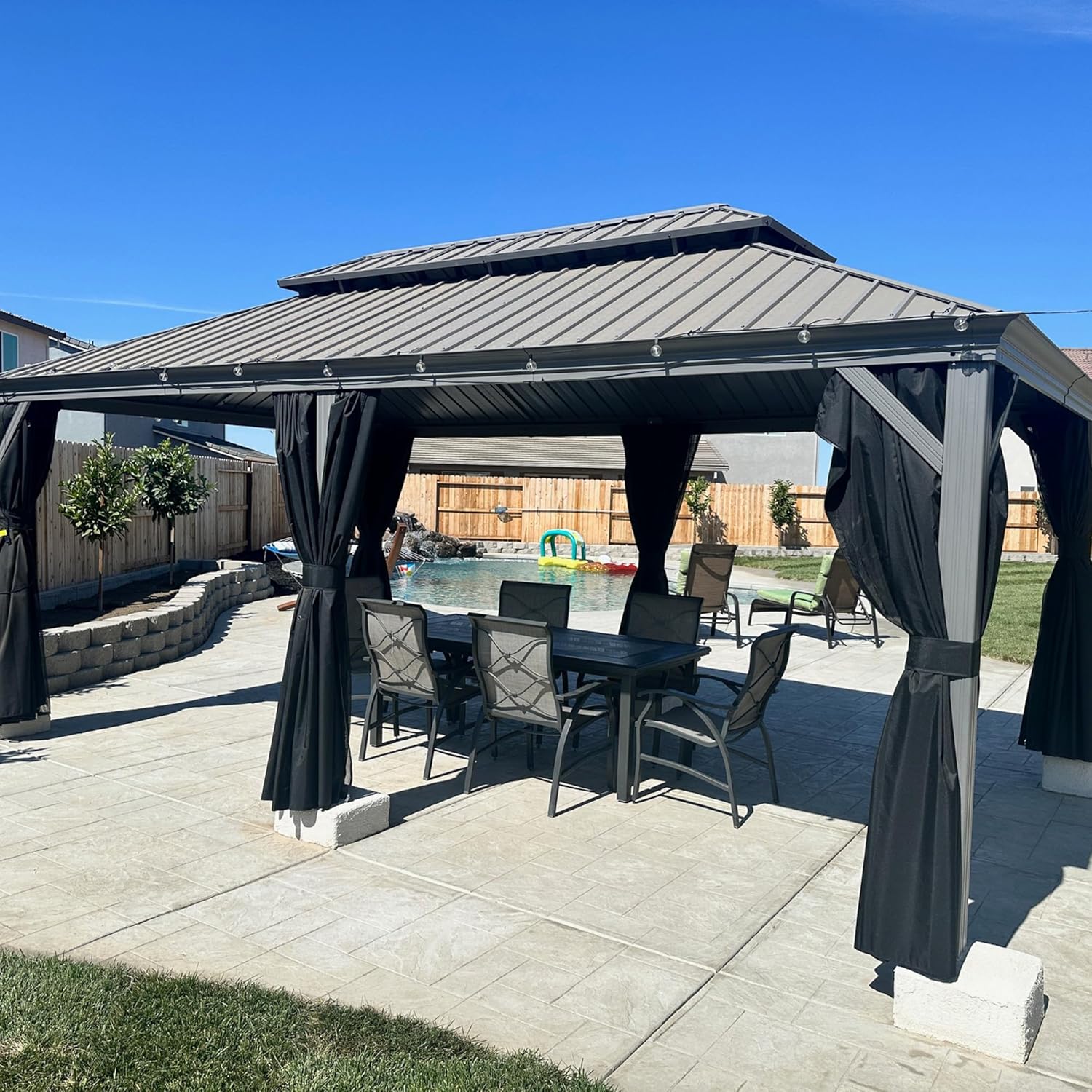 karaca-alisveris - Pergola double toit aluminium 3,65x6m rideaux LED, Gris -