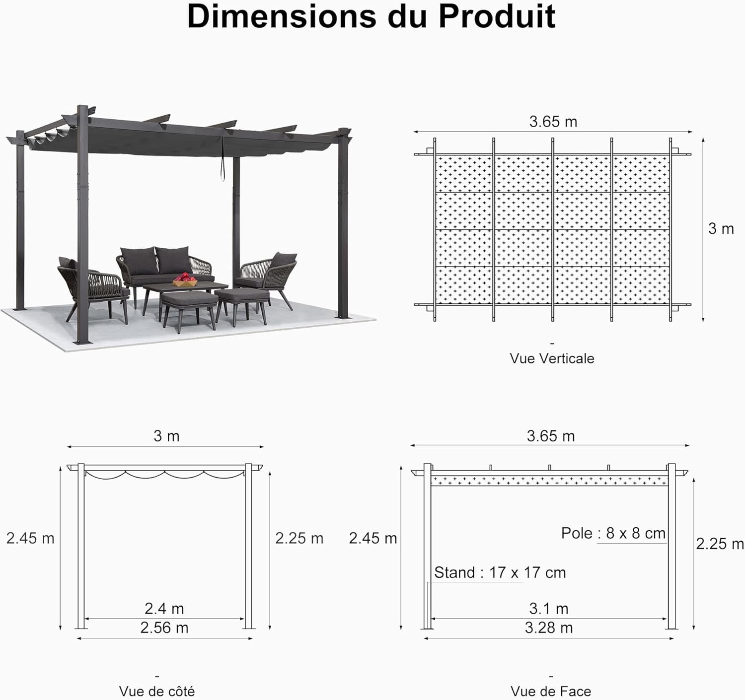 karaca-alisveris - pergola aluminium - 3,65x3m - toit rétractable LED, tissu gris