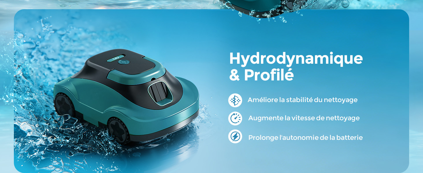 Le texte se lit comme suit : « Hydrodynamique et profil ». Vue sous-marine d'un appareil robotique de couleur turquoise immergé dans de l'eau bleue.