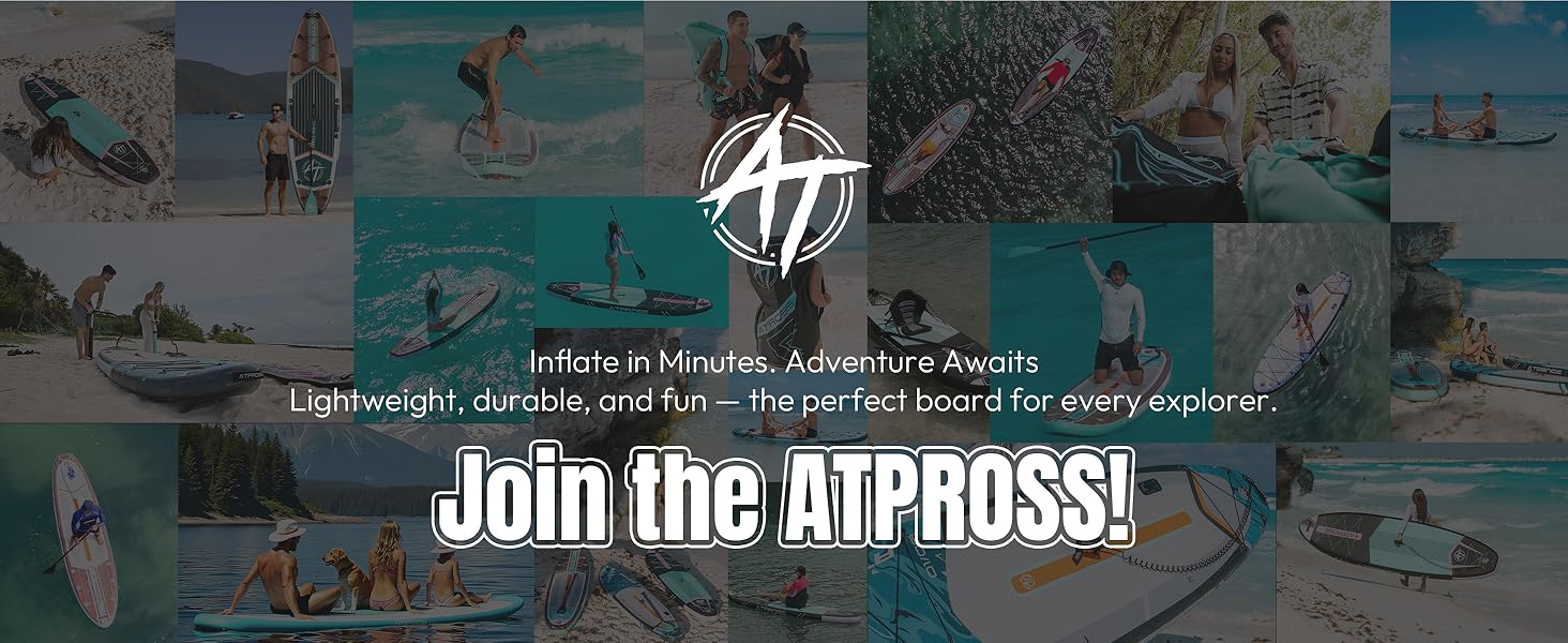 Collage d'activités nautiques mettant en vedette des paddleboards. Le logo central et le texte font la promotion des planches à pagaie gonflables « karaca-alisveris », mettant l'accent sur les caractéristiques légères, durables et amusantes des loisirs nautiques