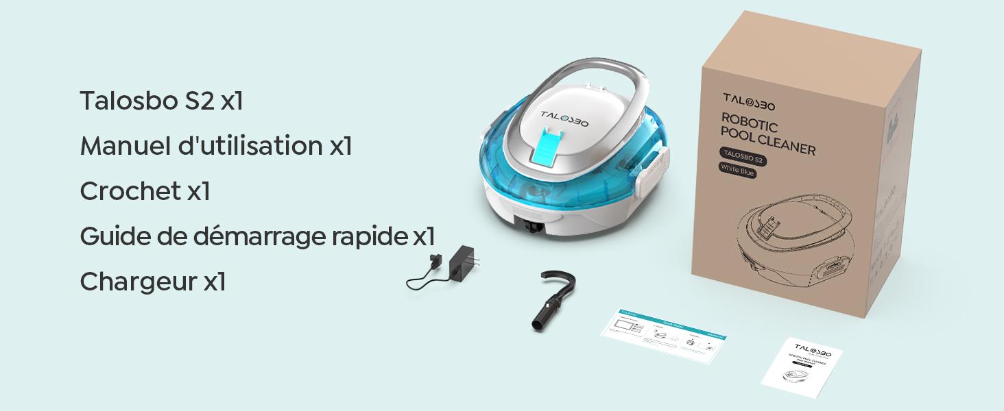 Le texte se lit comme suit : « Taksxbo S2 x1, Manuel d'utilisation x1, Crochet x1, Guide de démarrage rapide x1, Chargeur x1 ». Même disposition du produit d'aspirateur robotique que celle de l'image 1.