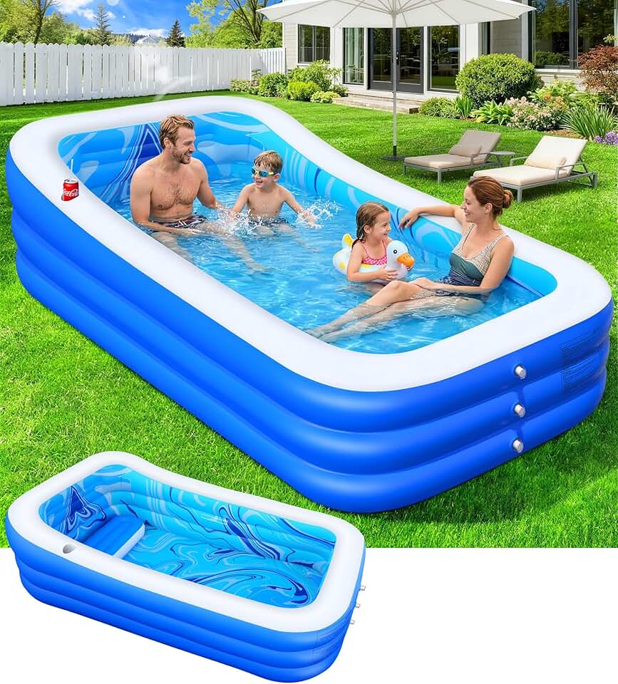 karaca-alisveris Piscine Gonflable Adulte, Piscine Familiale avec Siège et Dossier, 0.5mm Épaissi Piscines Rectangulaire Gonflable avec Porte-Gobelet, 250*160*63cm Pataugeoire Grande Piscines Gonflable Jardin