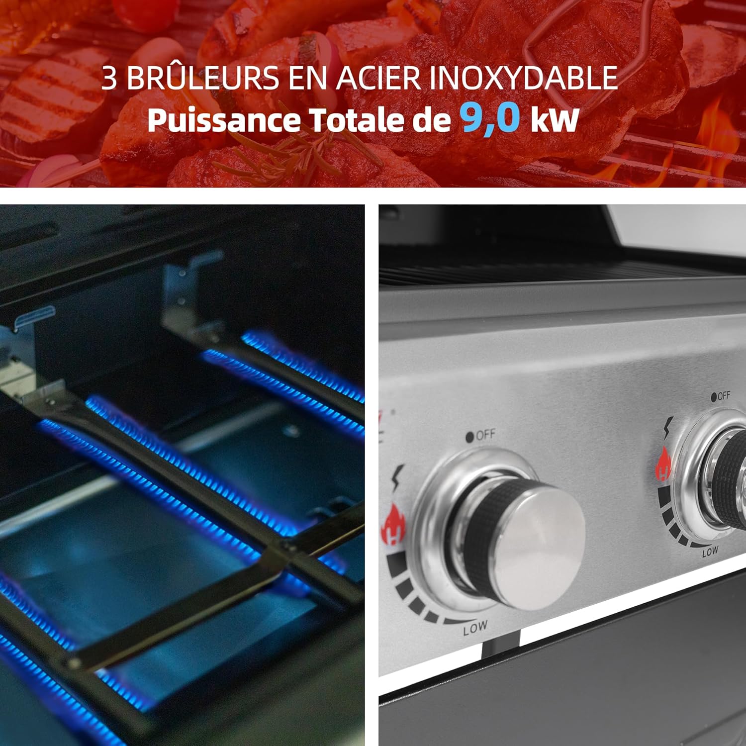 karaca-alisveris – BBQ Gaz 3 brûleurs – 9kW – chariot, capot, grilles, jardin