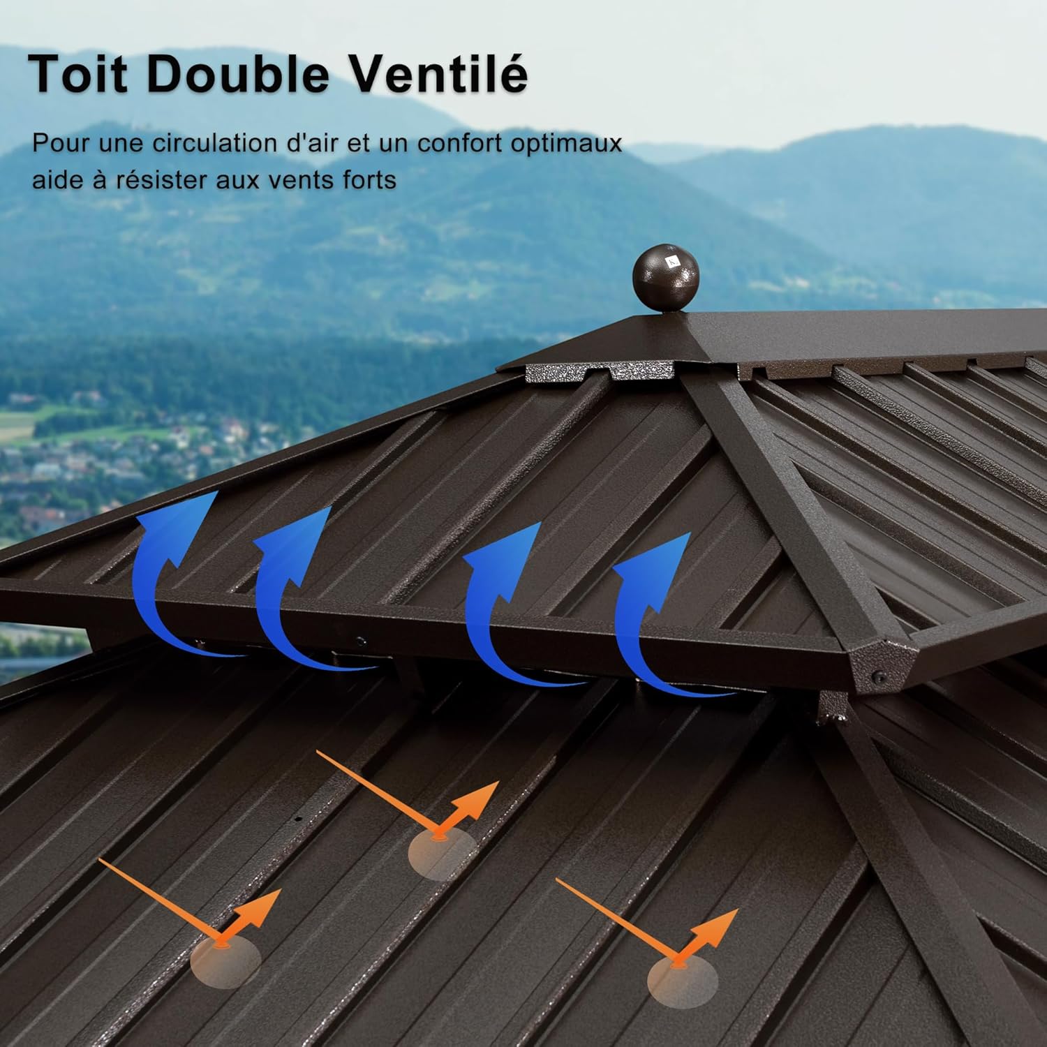 karaca-alisveris - tonnelle jardin extérieur - 6x3,65m - alu, éclairage, rideaux, gouttière, poteaux renforcés, bronze