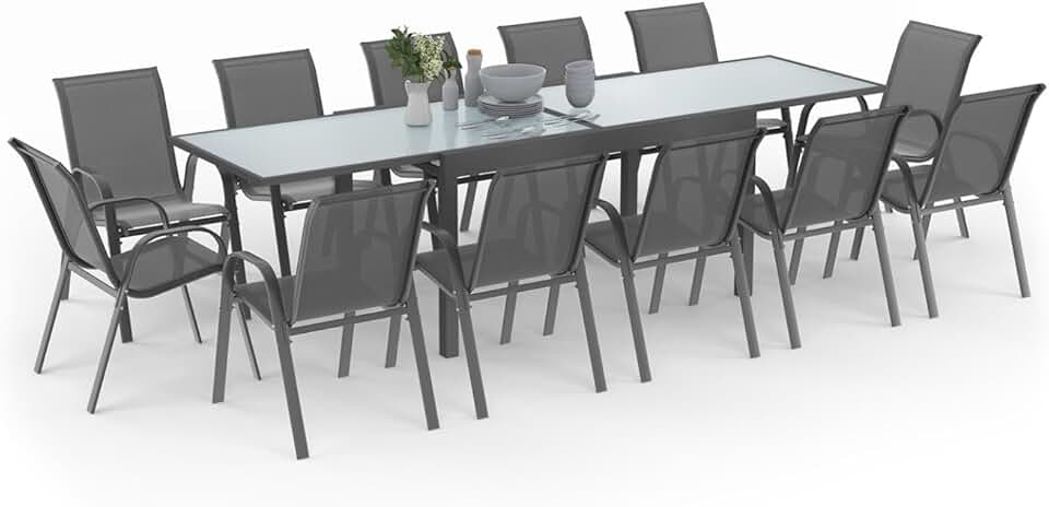 karaca-alisveris - Madrid salon jardin, table extensible 135-270 cm, 12 chaises empilables, gris anthracite