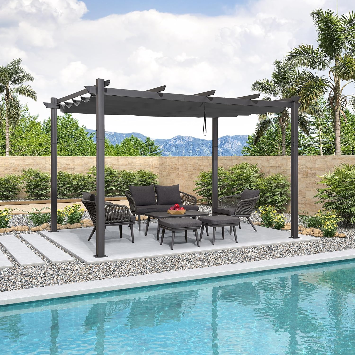 karaca-alisveris - Pergola aluminium, 3,65x3m, toile coulissante, gris