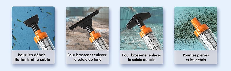 Quatre images d'instructions montrant l'utilisation de la buse de pulvérisation sur les joints ou les fissures, avec un texte en français indiquant les étapes d'application pour sceller ou nettoyer.