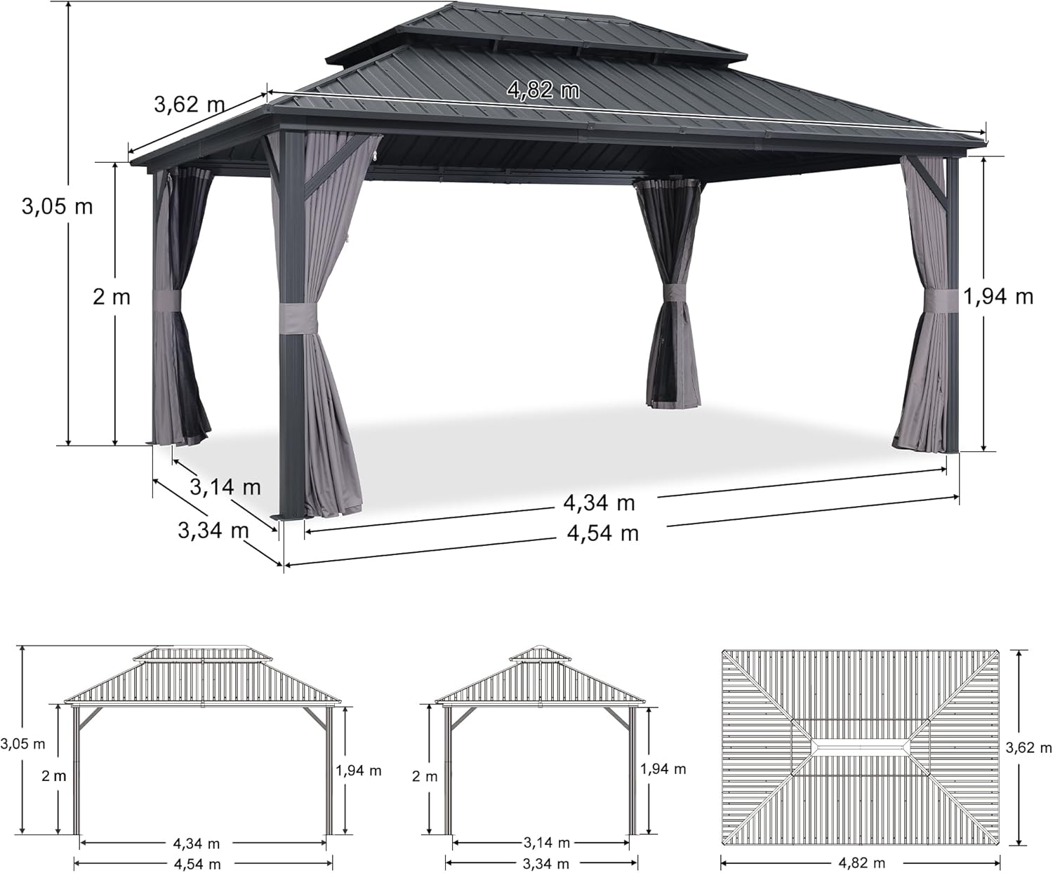 karaca-alisveris - pergola série double toit - 4,85x3,65 m - alu acier, rideaux, moustiquaire
