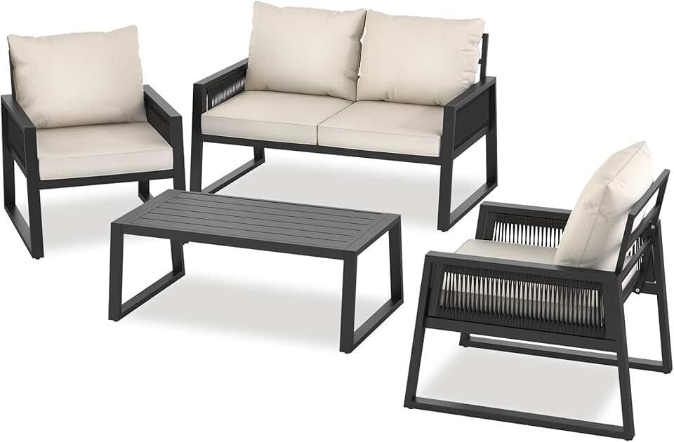 karaca-alisveris - Salon jardin alu 4 places, canapé, fauteuils, table, coussins inclus