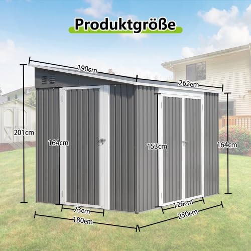 Abri de jardin métal - 1,8x2,4m - double porte, serrure, sol, étanche