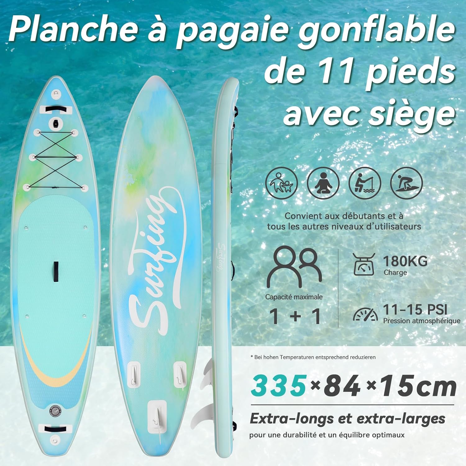 karaca-alisveris - paddle gonflable adulte - 320/335cm - 2 places, siège kayak, pagaie alu, support caméra, pompe, 150 kg