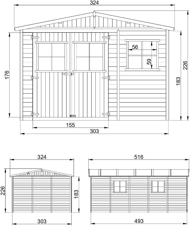 ABRI de Jardin en Bois Exterieur avec Les PLANCHERS IMPRÉGNÉ - Chalet en Pin/épicéa- H226x324x516 cm/15 m²- Construction de Panneaux- Rangement pour vélos, Remise à Outils- karaca-alisveris M337+M337G