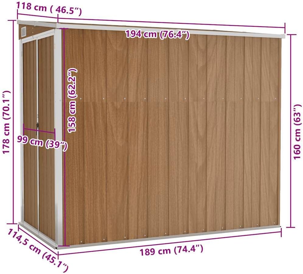 karaca-alisveris Abri de Jardin Mural Marron 118x194x178 cm Acier galvanisé, Maison & Jardin, Pelouses & Jardins, Vie en extérieur, Structures extérieures, Cabanes & abris de Jardin, Brun, (Poids 31.54KG)