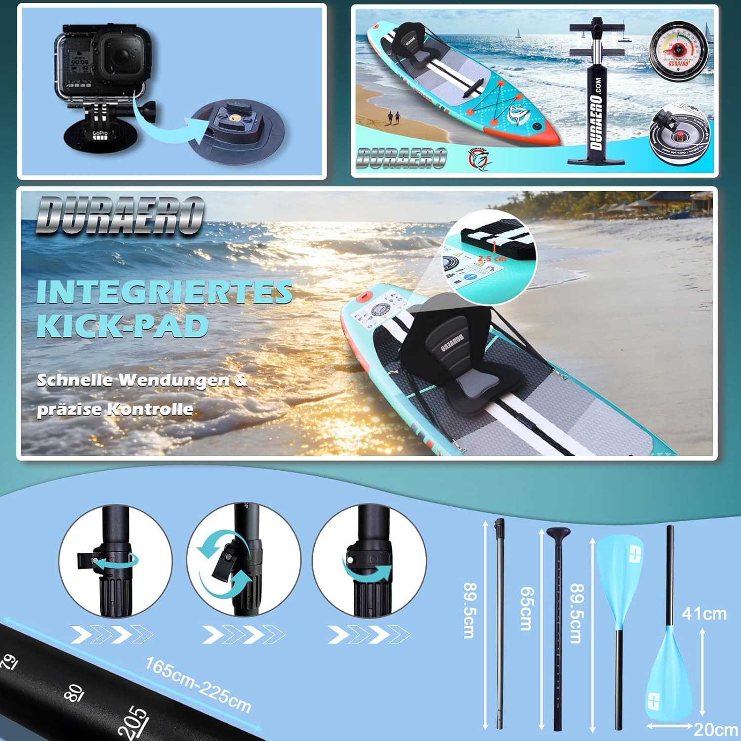 Stand up Paddle gonflable - 330x76x15cm - siège kayak, support GoPro, 150kg, double pagaie, vert menthe