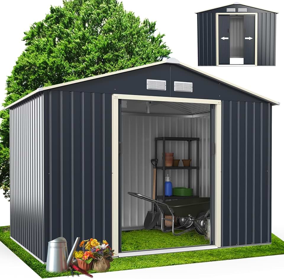 karaca-alisveris Abri de Jardin Métal 5m2 avec Porte Coulissante Toit en Pente, Cabane de Jardin Extérieur 277x192x202cm Bricolage Rangement Cananon de Jardin résistant aux intempéries