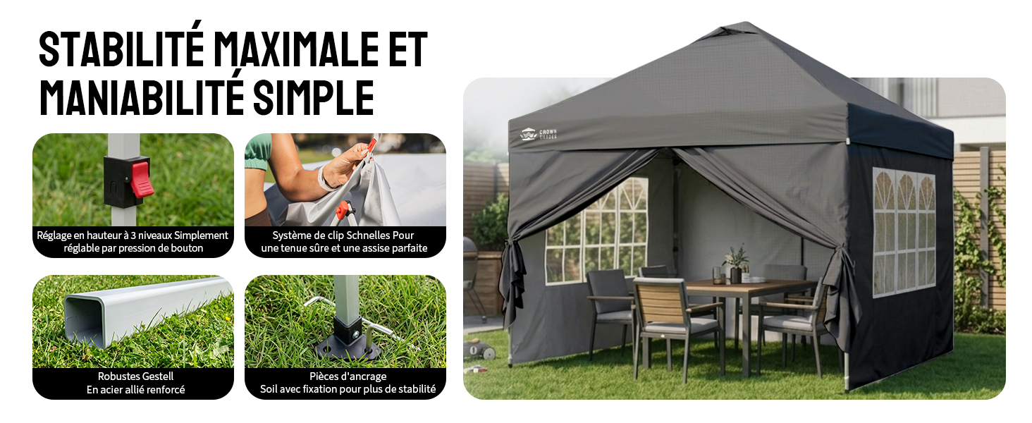 Le texte se lit comme suit : « STABILITÉ MAXIMALE ET MANIABILITÉ SIMPLE ». Tente extérieure noire à baldaquin avec toit gris exposée dans un jardin avec mobilier. Quatre petites images illustrent la stabilité, la facilité d'utilisation, la durabilité et la résistance aux intempéries.