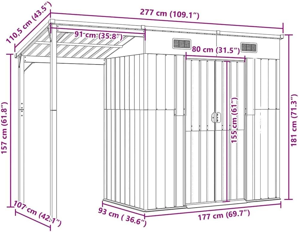 karaca-alisveris Abri de Jardin avec Toit prolongé Vert 277x107x181 cm Acier, Maison & Jardin, Pelouses & Jardins, Vie en extérieur, Structures extérieures, Cabanes & abris de Jardin, Vert, (Poids 41.56KG)