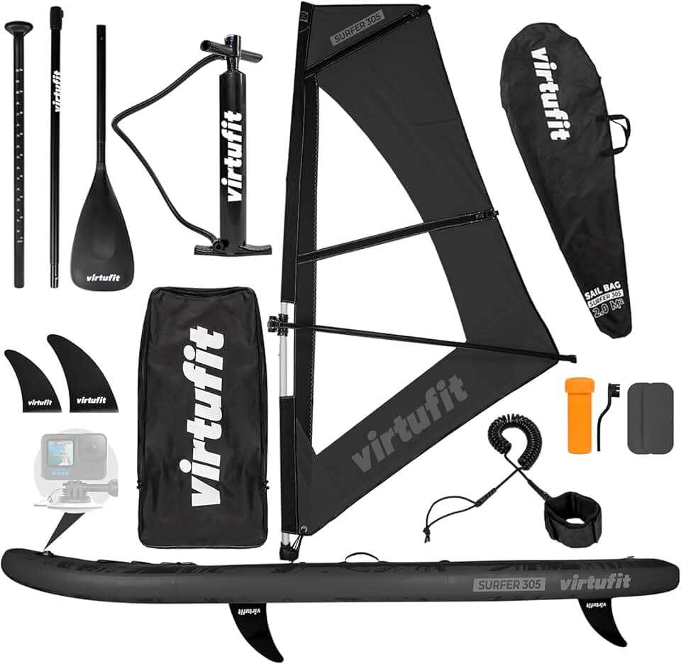 karaca-alisveris Planche de SUP Surfer 305 gonflable avec voile de planche à voile, planche de stand up paddle noire, accessoires, pagaie, pompe, sac de transport, support GoPro, débutant à avancé, 305 x 81 x