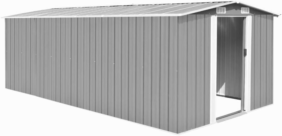 Abri de jardin métal gris - 257x489x181 cm, robuste, 105.6KG
