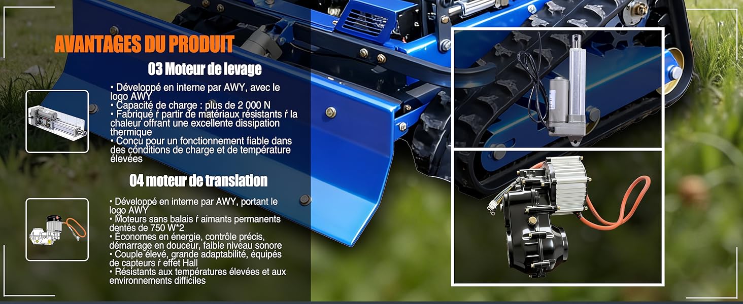 Le texte indique « IMPORTANTE DE CONNAÎTRE » et « CHOSES À SAVOIR » avec des spécifications techniques et des informations de sécurité en français. Composite montrant un drone/quadricoptère bleu avec des vues détaillées des composants, y compris le cardan de la caméra et le module de commande électronique sur fond d'herbe.