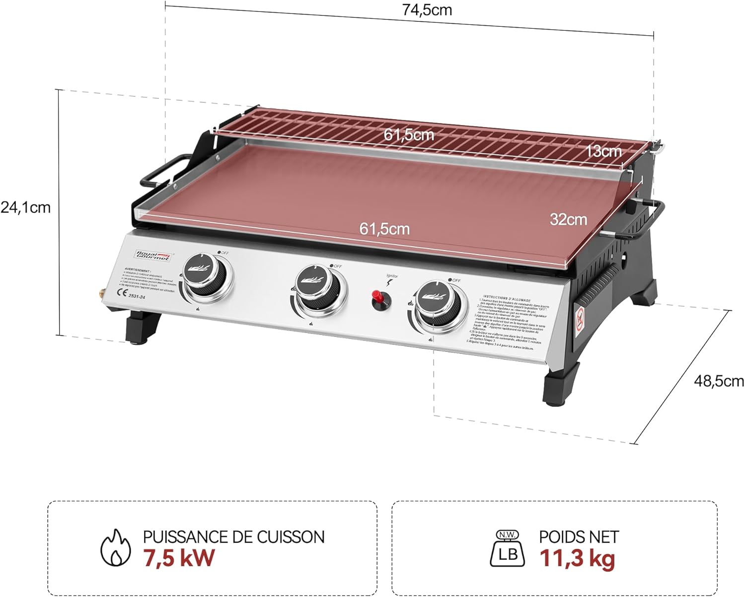 karaca-alisveris - Plancha gaz inox 3 brûleurs 61,5x32cm, 7,5kW, usage extérieur