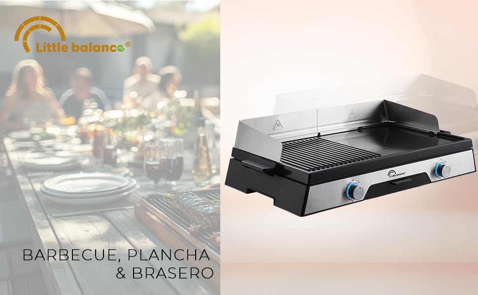 Le texte indique « BARBECUE, PLANCHA & karaca-alisveris » avec logo. Plaque chauffante de table noire ou grill portable avec panneau de commande affiché sur le plan de travail.