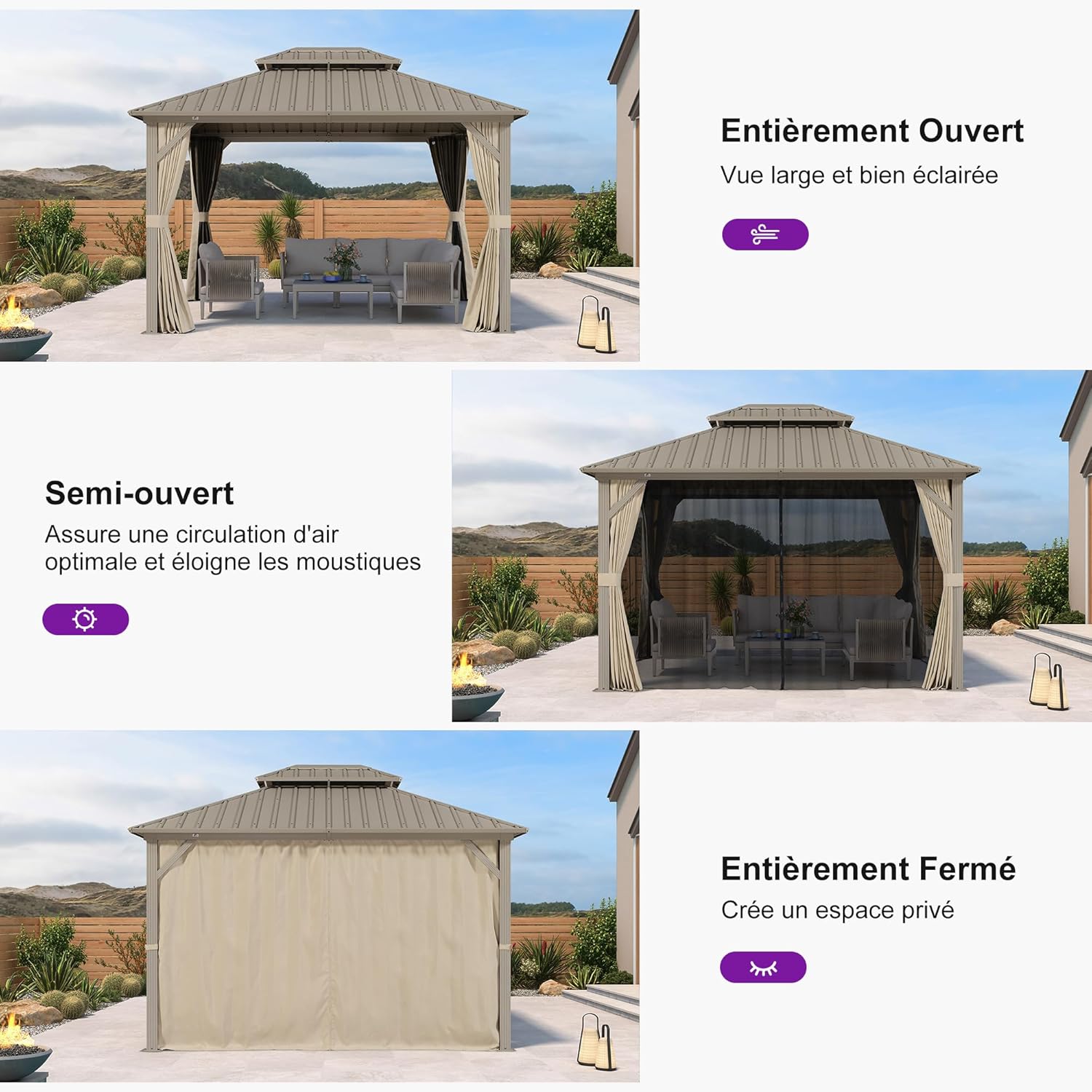 karaca-alisveris - pergola aluminium - 3,65x3m - double toit, moustiquaire, rideaux