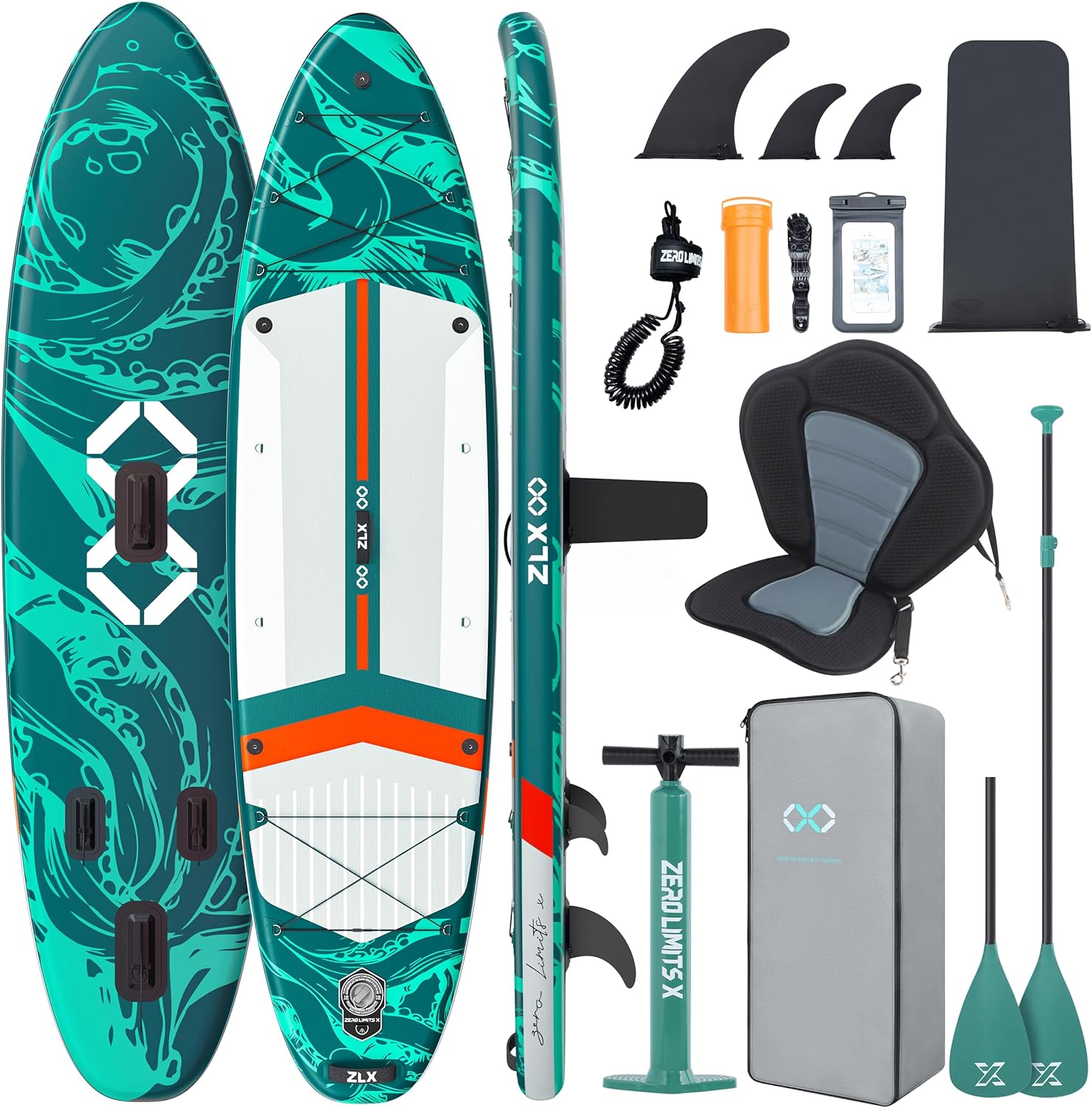 ZLX Paddle Gonflable 350 x 89 cm Extra Large Sup | Planche Stable Antidérapante, Aileron Amélioré, Accessoires Premium, Sac & Pompe Haute Pression, pour Adultes Tous Niveaux avec Siège Gonflable