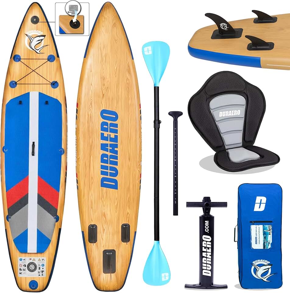 Siège de Kayak Gonflable Stand Up Paddle et Support de caméra, pagaie 2 en 1 330x76x15cm, Pompe jusqu'à 150kg avec Sangle de Pied, Sac à Dos