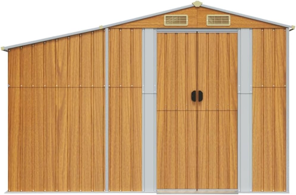 Abri de jardin marron clair 277 x 192,5 x 179 cm en acier galvanisé avec support pour bois de chauffage et 4 ouvertures d'aération pour outils de jardin et équipements