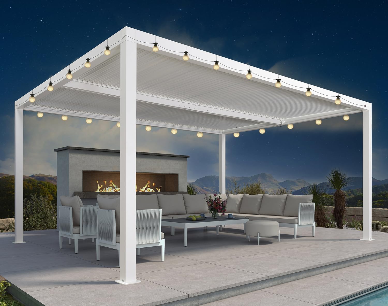 karaca-alisveris - Pergola bioclimatique - 4,8x3,68m - lames orientables, éclairage intégré, aluminium, blanc