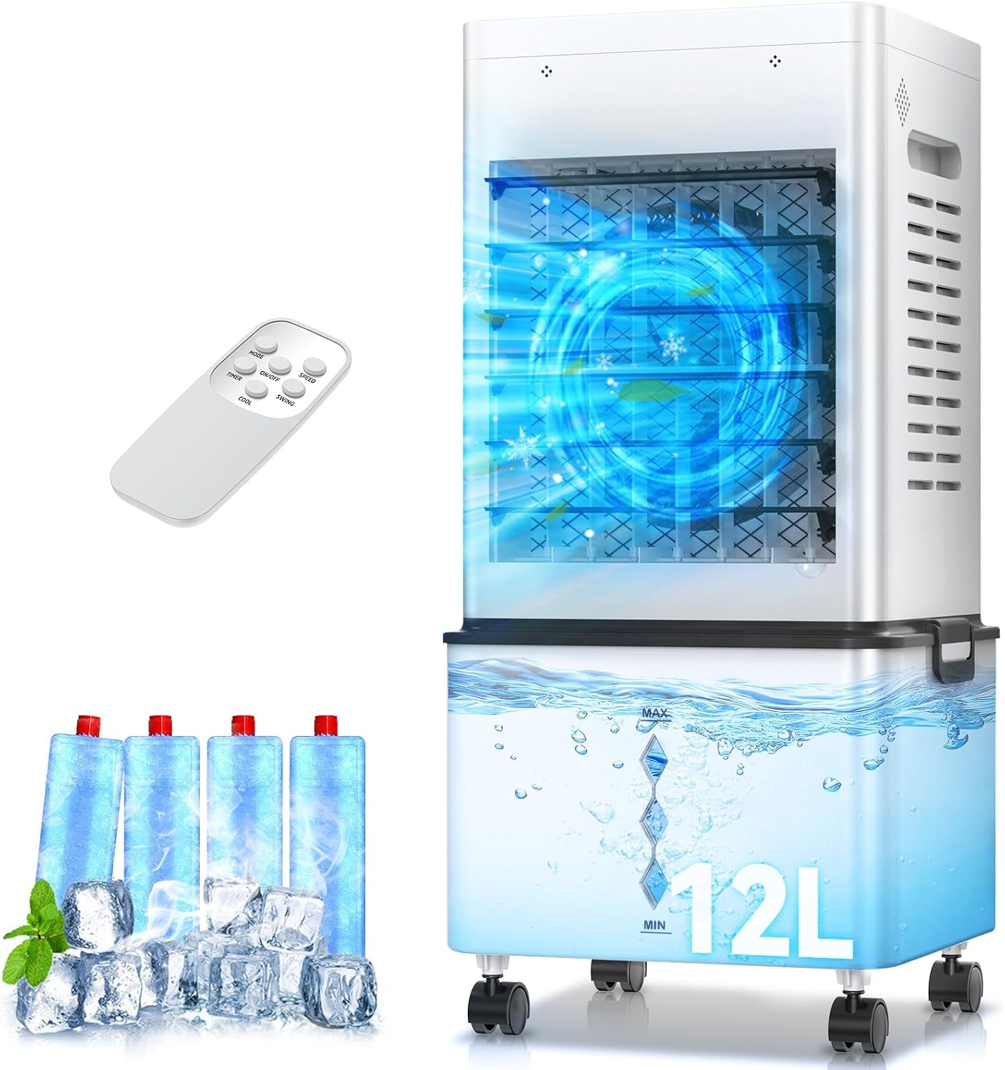 Climatiseur mobile - 12L, 6 vitesses, 3 modes, minuterie 24h, télécommande, 40 dB, portable
