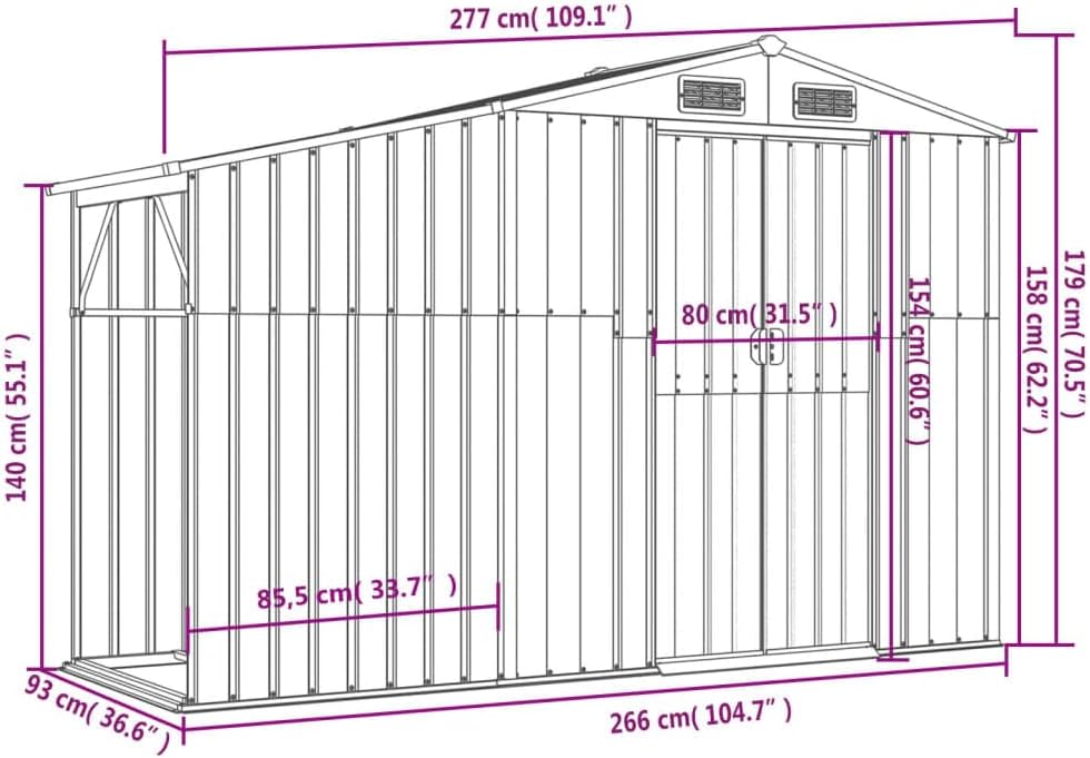 Abri de Jardin en Acier galvanisé, Salles de Stockage de Jardin Extérieures avec Bouches D'aération et Poignées Pratiques pour Ranger Les Outils, Les Ustensile de (277 x 93 x 179 cm)