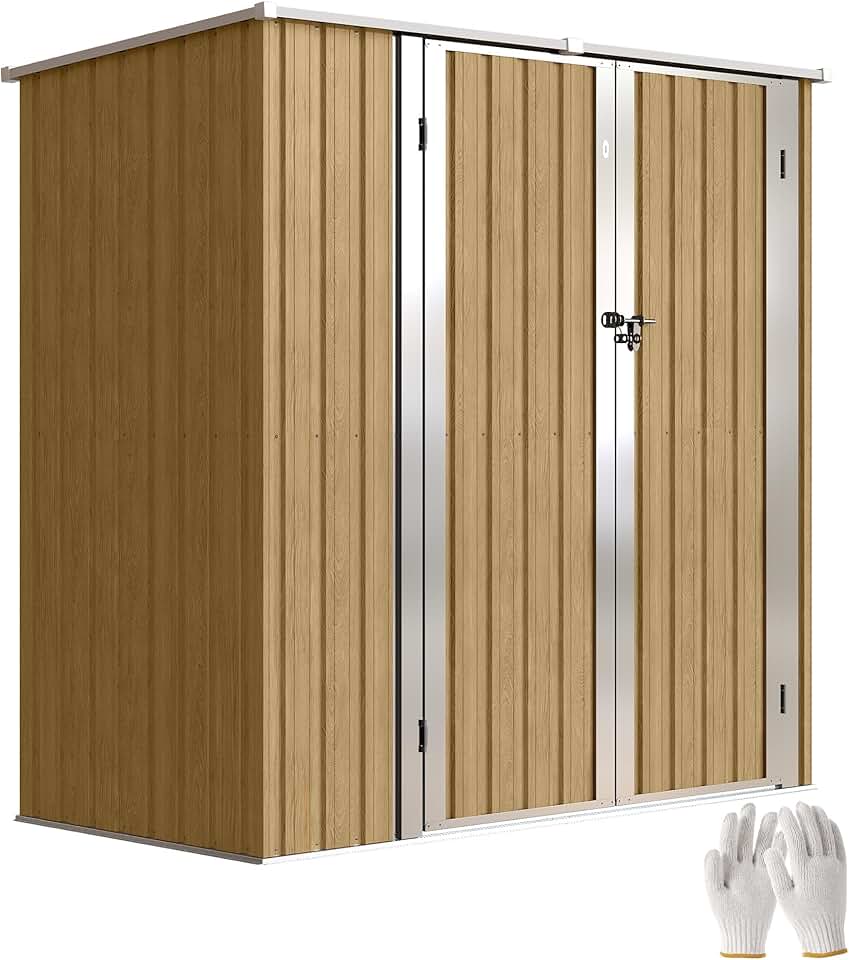karaca-alisveris Abri de Jardin d'extérieur 1,37 m², 163 x 89 x 163 cm, abri de Jardin métallique d'extérieur avec Toit en Pente, Portes à loquet et poignées pour Le Rangement des Outils, Marron Clair