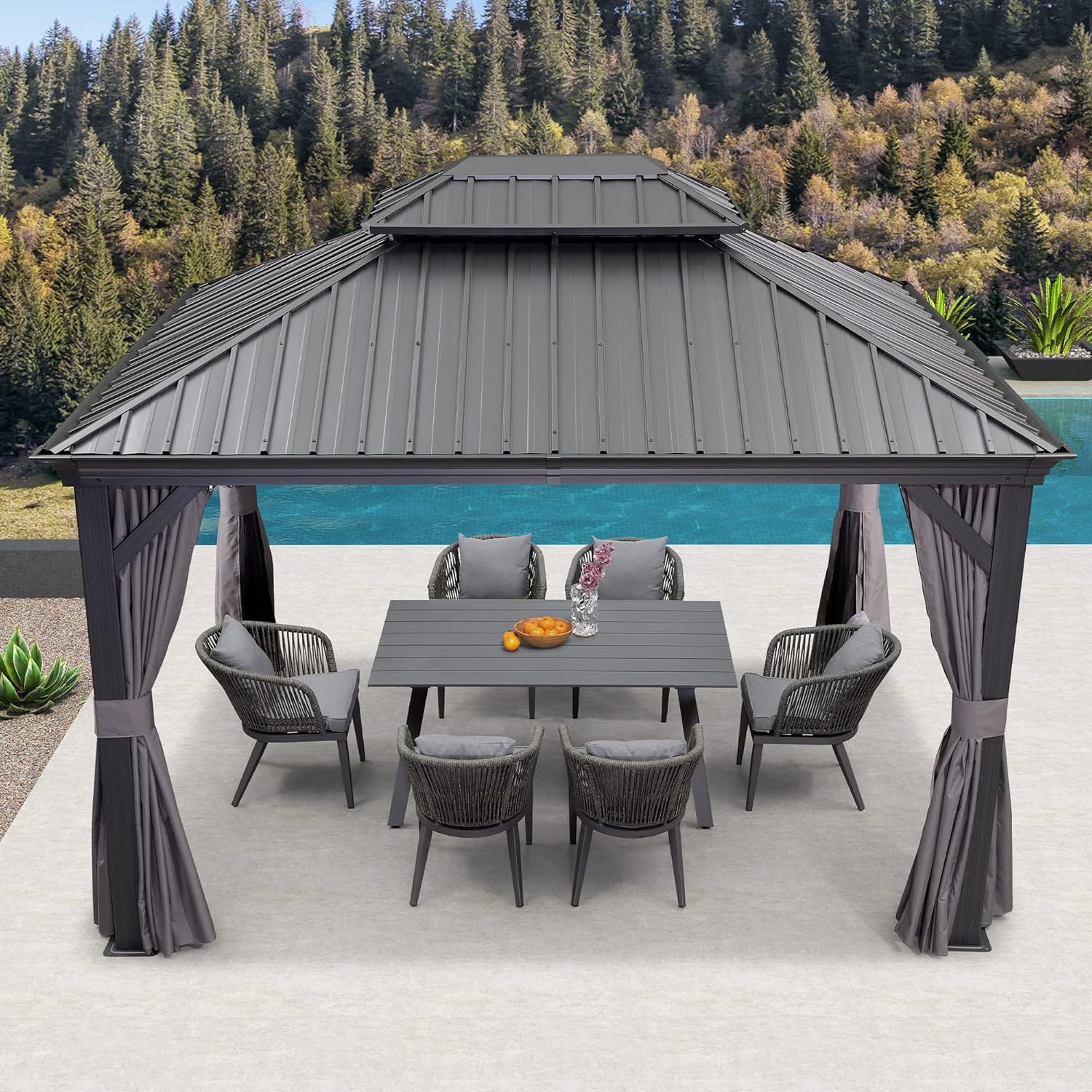 karaca-alisveris - pergola double toit acier 4x3m, moustiquaire, rideaux