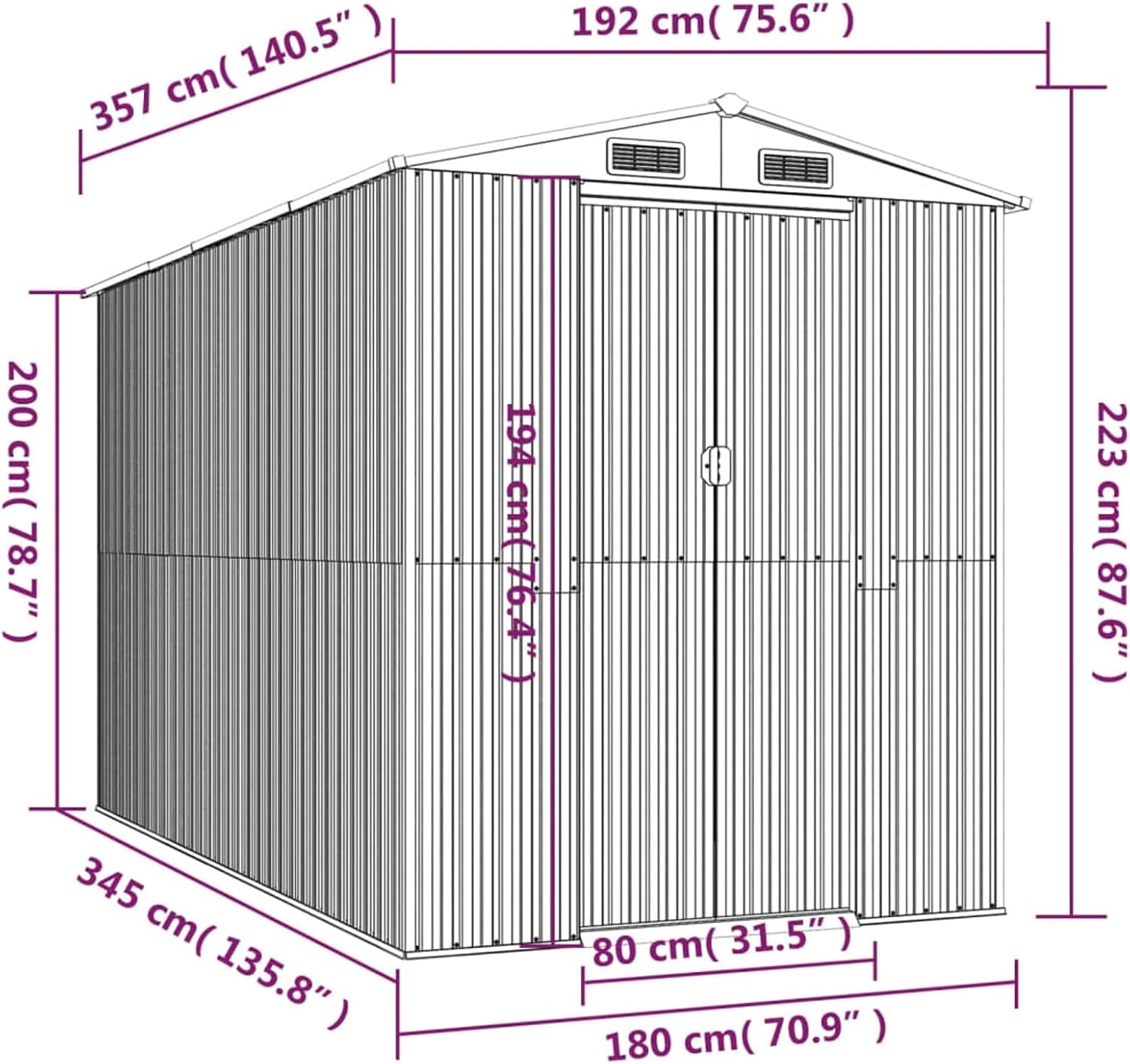 Abri de jardin - acier galvanisé vert, 192x357x223 cm, extérieur renforcé