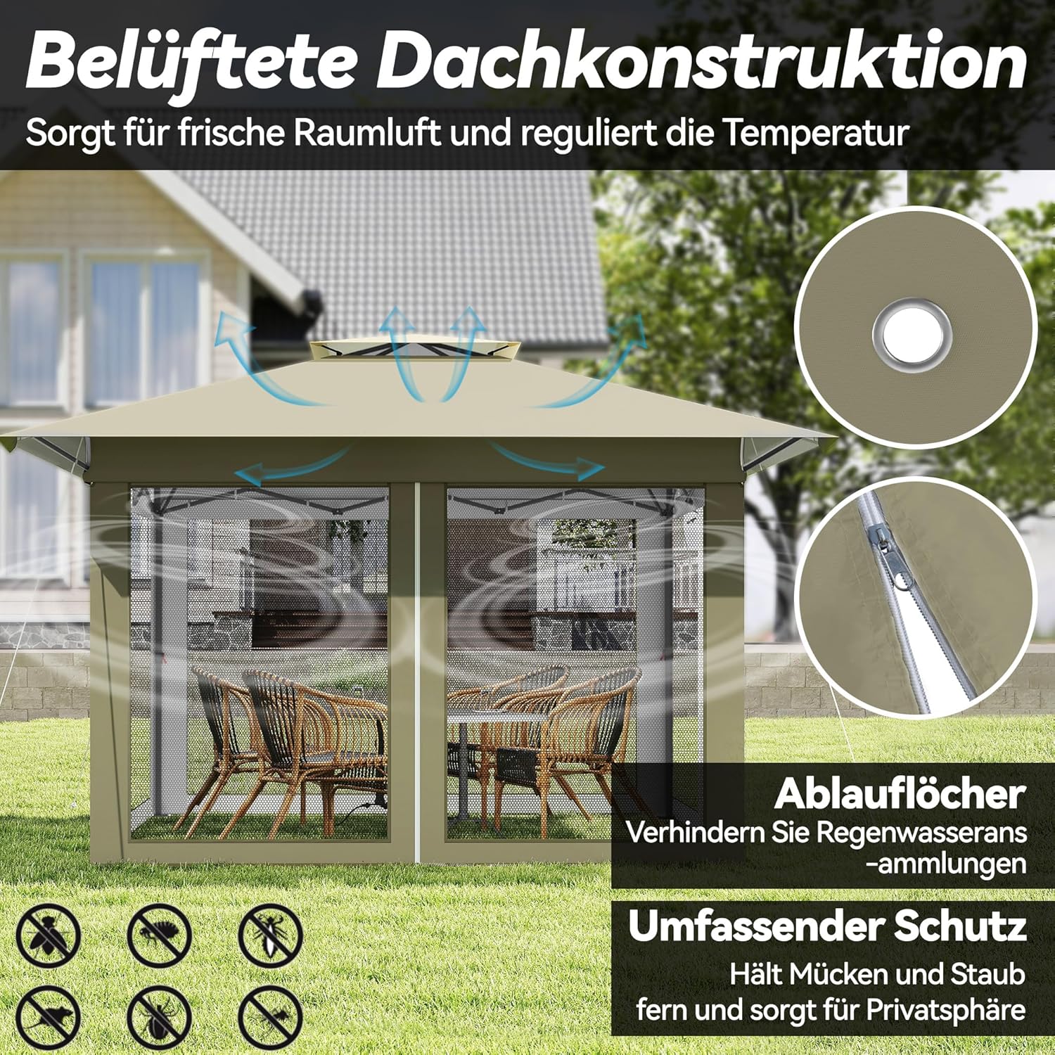 Tonnelle de jardin pop-up, 4x4m, imperméable, UV, pliable, kaki