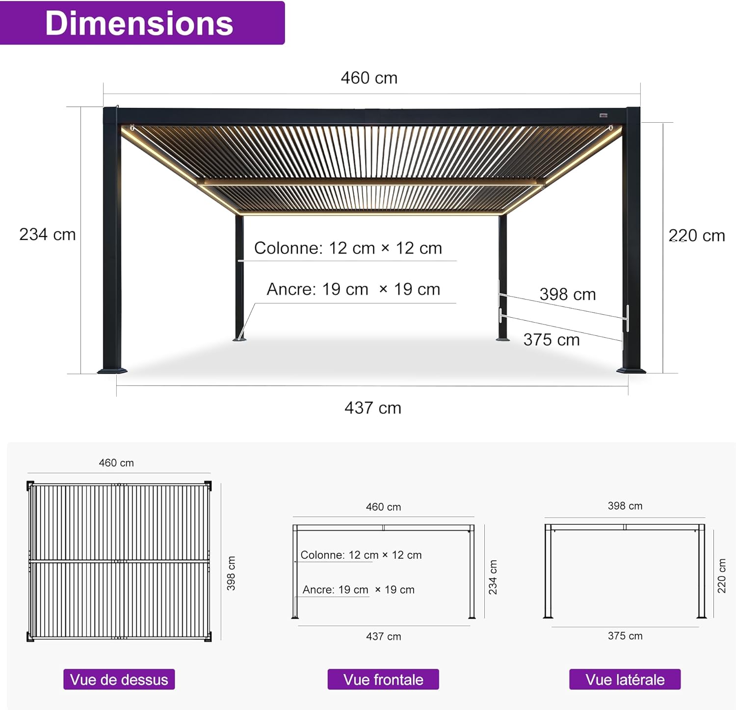 karaca-alisveris - Pergola bioclimatique alu 4x4.6m, lames LED, durable