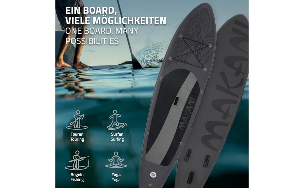 avec de multiples options d'utilisation : stand-up paddleboard, surf, yoga et position assise. Tableau gris foncé illustré avec un fond d'océan et des icônes d'activité.